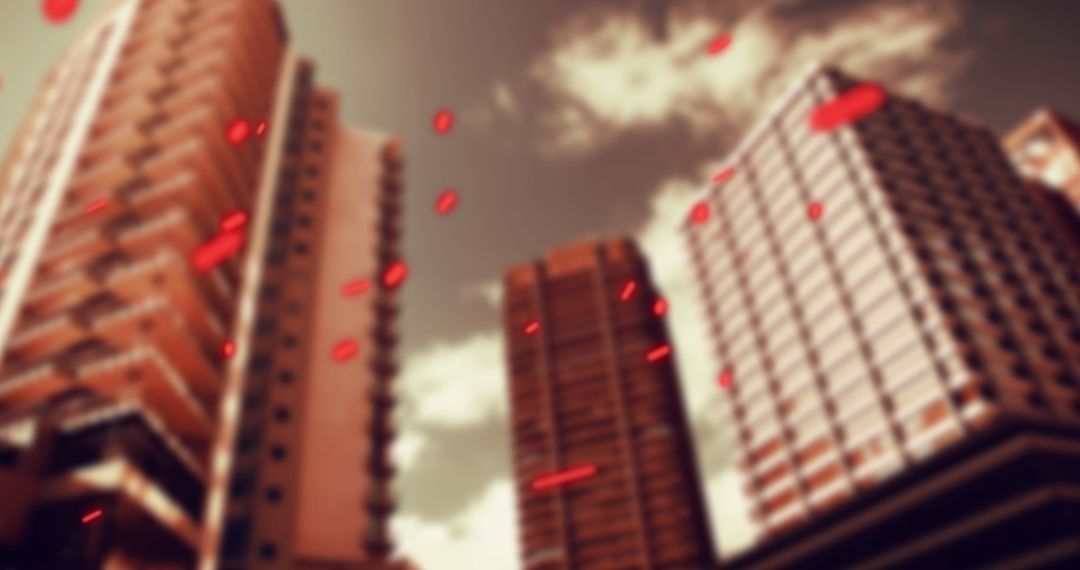 Moody Skyscrapers with Futuristic Red Glowing Particles