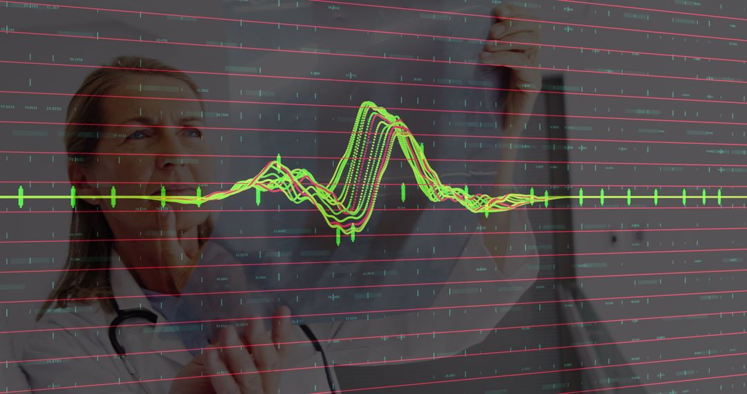 Doctor Analyzing Medical Data with Overlayed Waveform Display