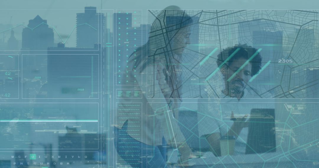 Business Professionals Analyzing Data on Futuristic Interface