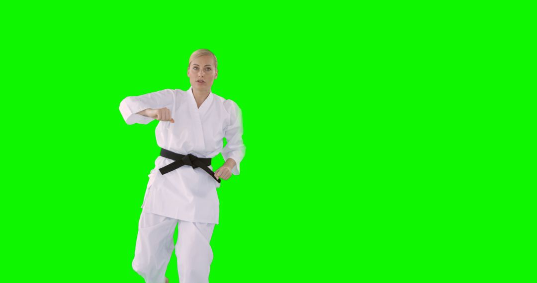 Female Martial Artist Practicing Karate in White Gi with Green Screen Background - Free Images, Stock Photos and Pictures on Pikwizard.com