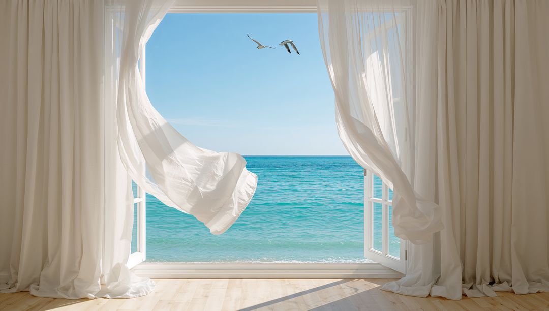 Framing Open Casement Window with Billowing Sheer Curtains Over Turquoise Ocean View