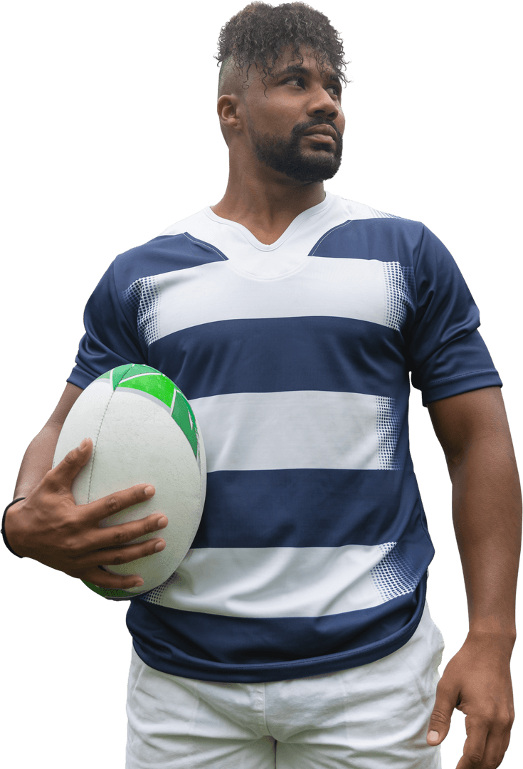 Biracial Rugby Player Holding Ball on Transparent Background
