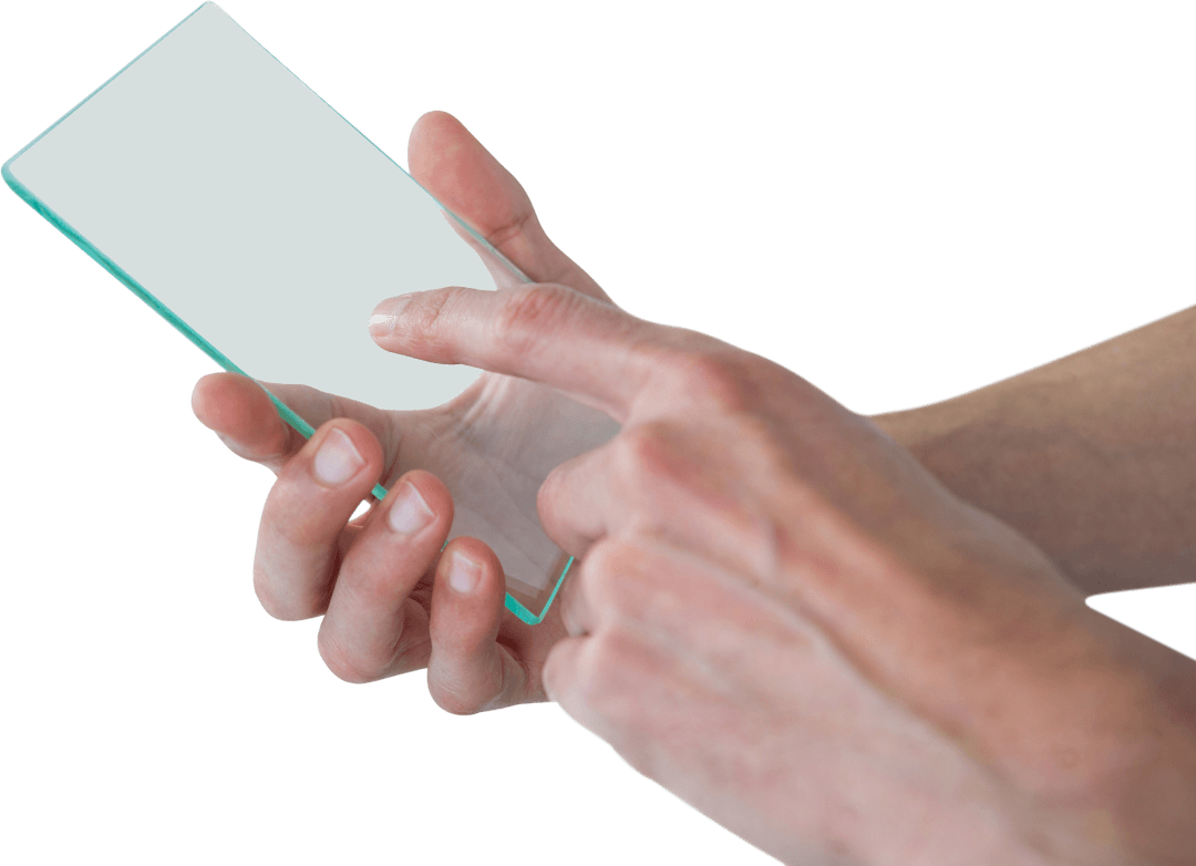 Hands Using Futuristic Transparent Glass Interface Close-Up