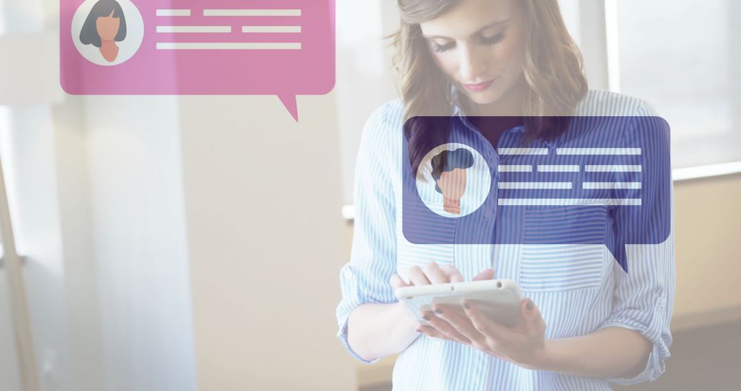 Woman Engaging with Digital Text Bubbles on Tablet