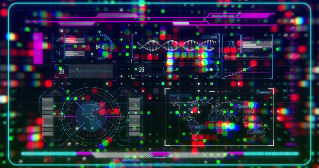 Futuristic Holographic Interface with DNA Helix and Data Visualization
