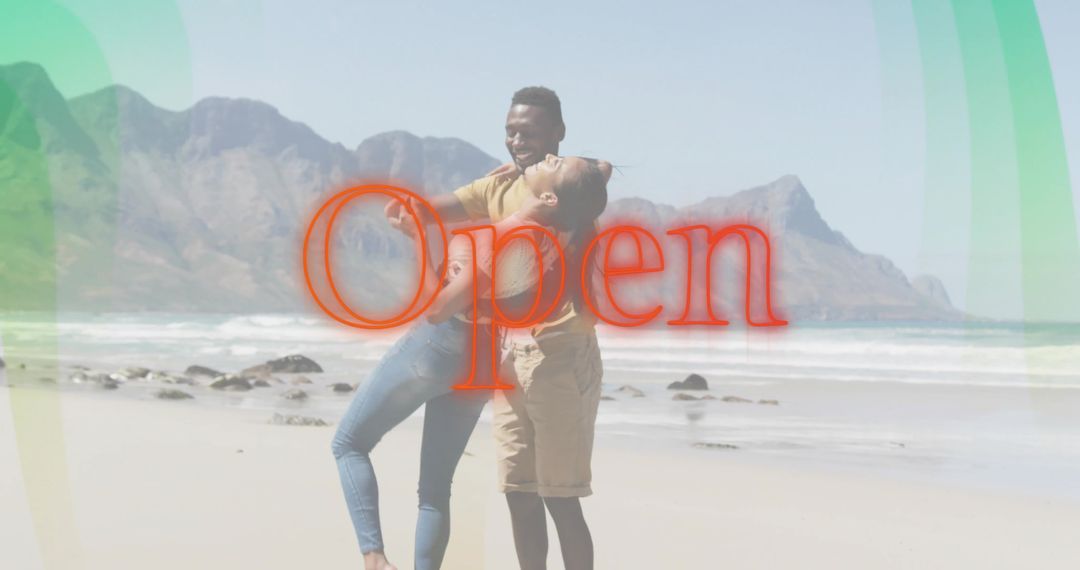 Couple hugging and laughing on sunny beach with red Open overlay