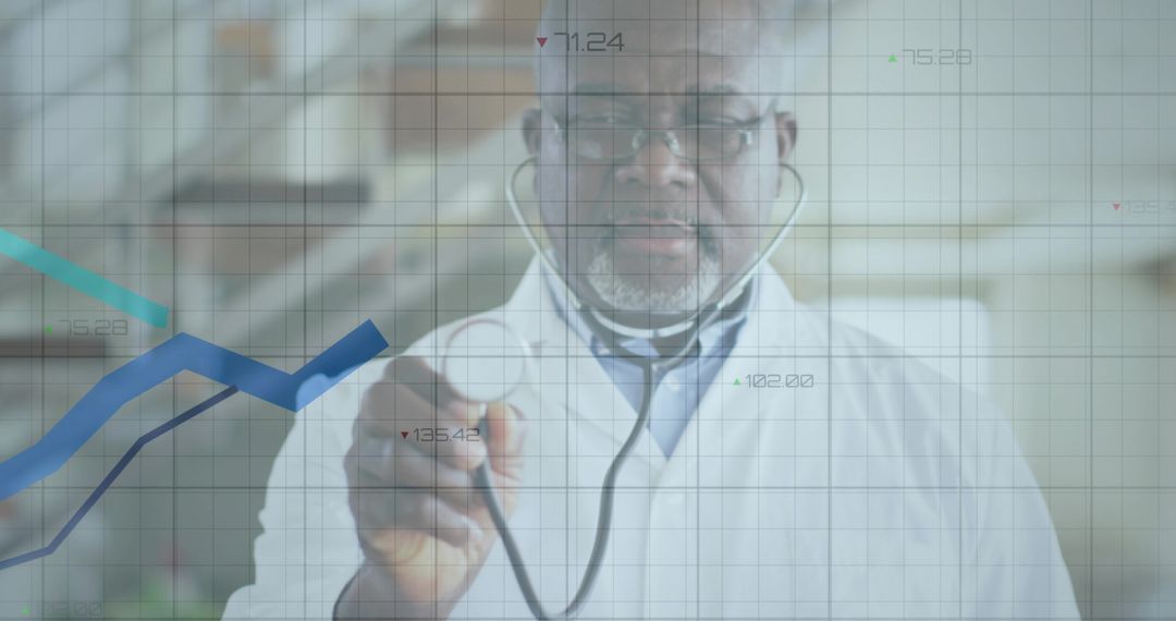Senior physician using stethoscope against transparent medical data overlay with charts