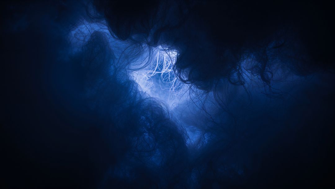 Backlit Blue Filament Nebula with Wispy Tendrils Abstract Macro Fiber Cluster