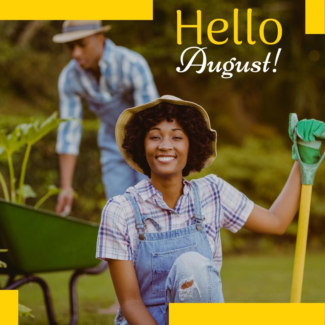 Happy Young African American Woman in Organic Farm with Hello August Text - Download Free Stock Templates Pikwizard.com