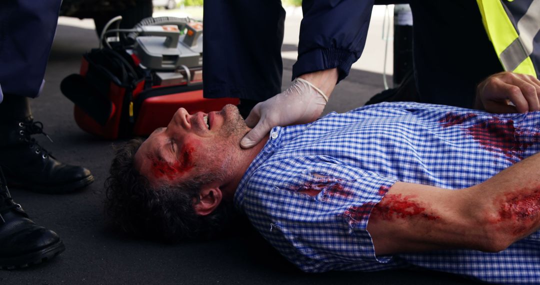 Paramedic Checking Pulse on Injured Man Lying on Road - Free Images, Stock Photos and Pictures on Pikwizard.com