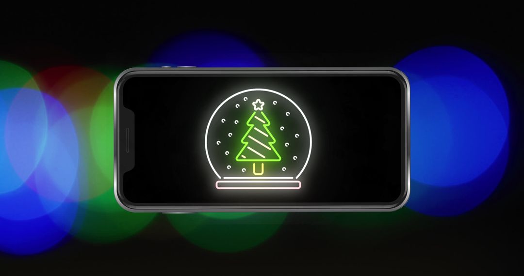 Christmas Tree Neon Displayed on Smartphone with Colorful Background Lights