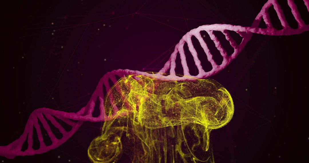 Neon DNA Strand and Dynamic Yellow Lights on Dark Background