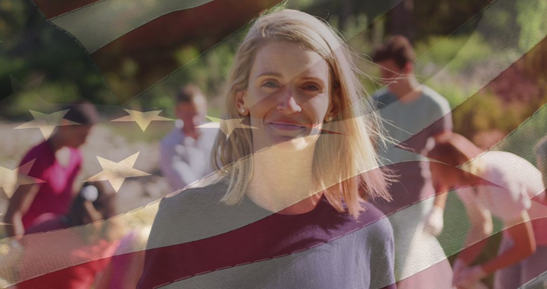 Smiling Female Volunteer with American Flag in Background