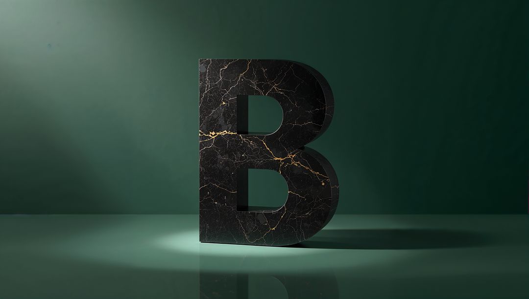 3D Marbled Letter B Sculpture with Gold Veins on Reflective Surface