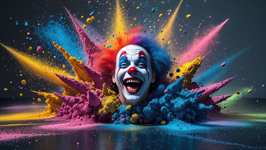 Clown emerging from crazy explosive mix of multicolor powders