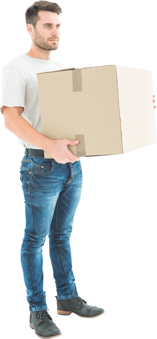 Transparent Delivery Man Holding Cardboard Box Full Length