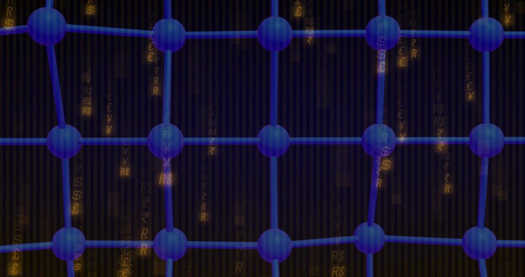 Futuristic Digital Network with Blue Nodes & Financial Symbols