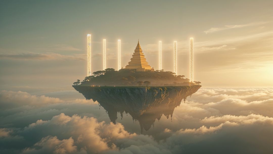 Golden tiered god temple on floating island above clouds