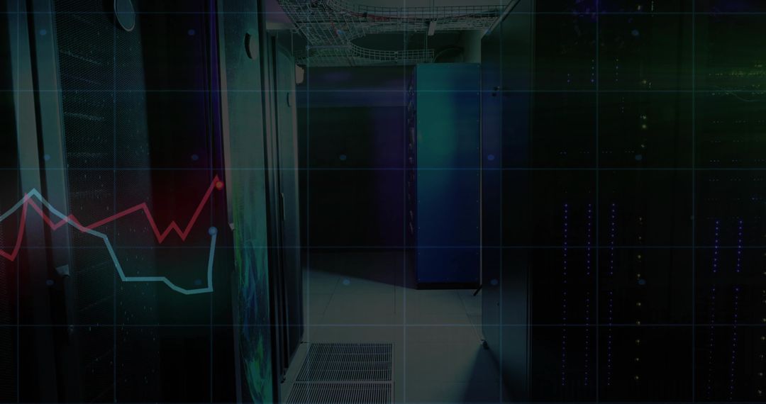 Modern Data Center Racks with Digital Data Visualization Overlay