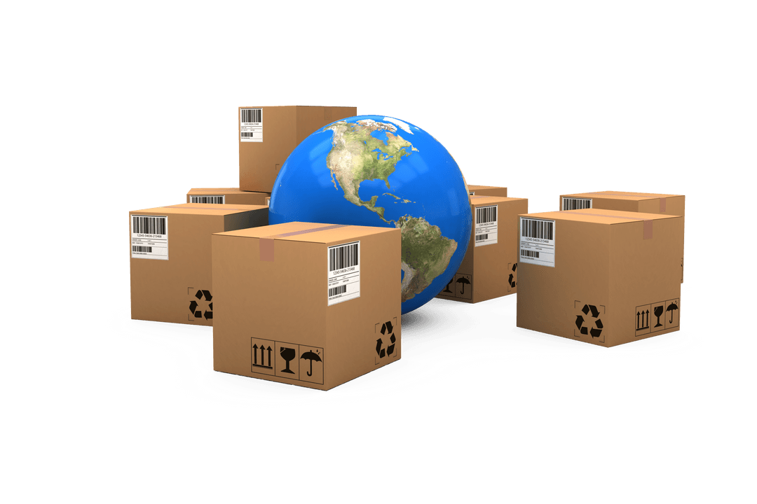 International Shipping Concept with Global and Boxes on Transparent Background