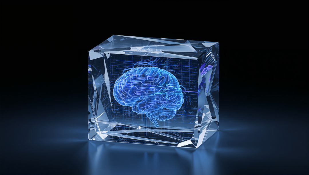 Faceted crystal prism with glowing holographic brain and circuit grid, neon AI concept