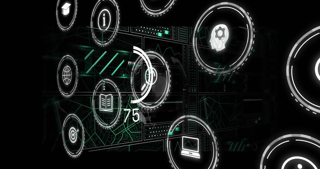 Futuristic holographic dashboard displaying circular HUD icons, data wireframe and laptop gauge