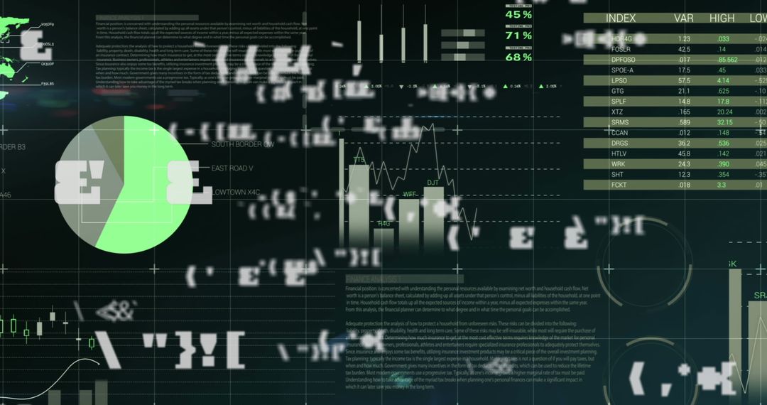 Digital Interface Displaying Changing Financial Symbols and Metrics