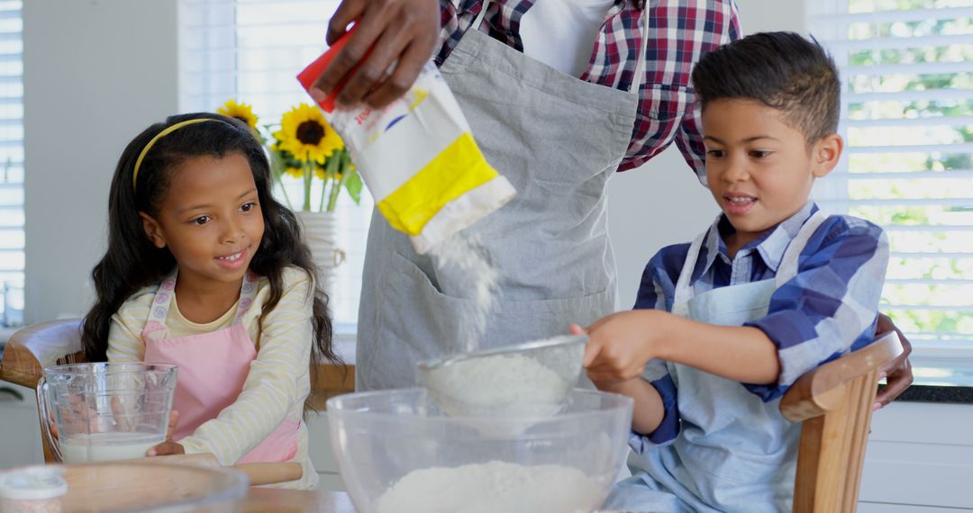 Children Baking with Flour and Sifter on Kitchen Table - Free Images, Stock Photos and Pictures on Pikwizard.com