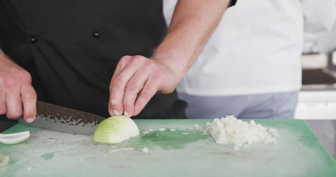 Chef Chopping Onion in Professional Kitchen - Free Images, Stock Photos and Pictures on Pikwizard.com