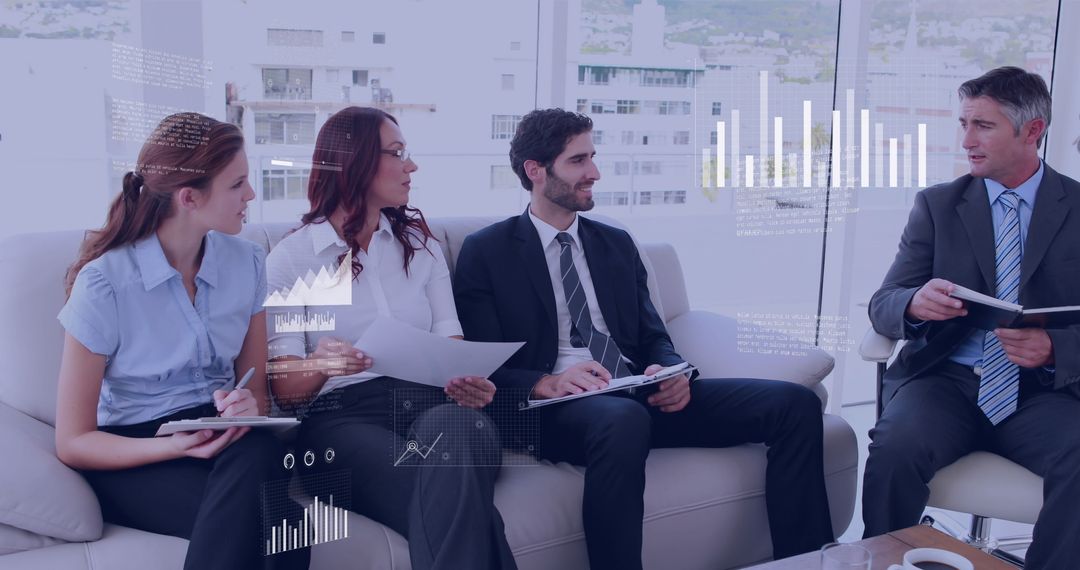 Business Team Analyzing Data with Interface Overlay in Corporate Office
