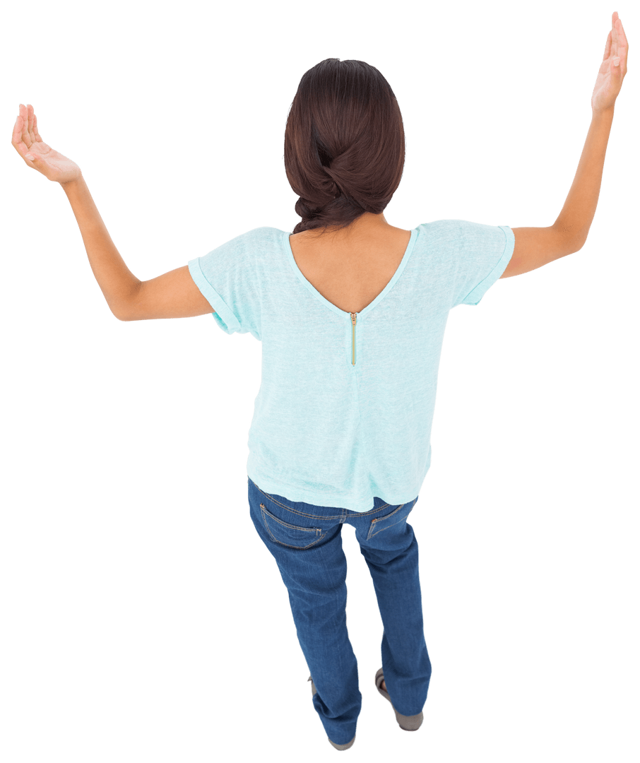 Rear View of Caucasian Woman with Arms Raised on Transparent Background
