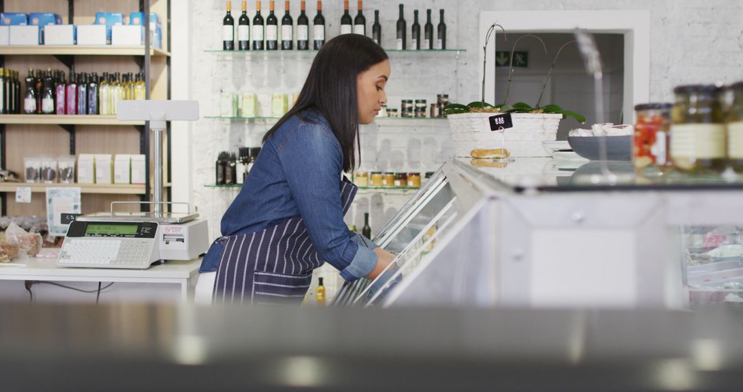 Diligent Waitress in Cafe Restocking Fridge with Goods