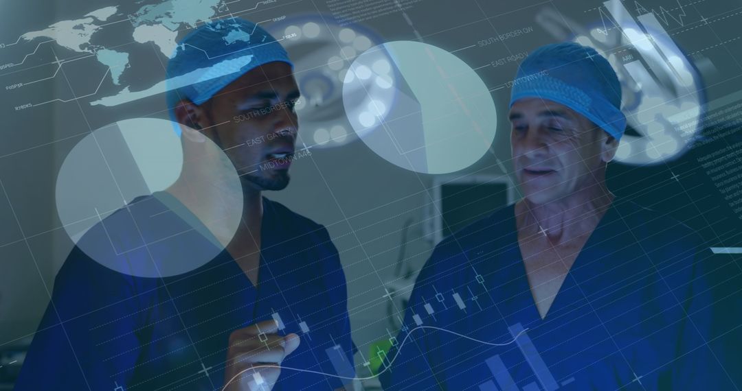 Surgeons Analyzing Financial Data in High-Tech Medical Setting
