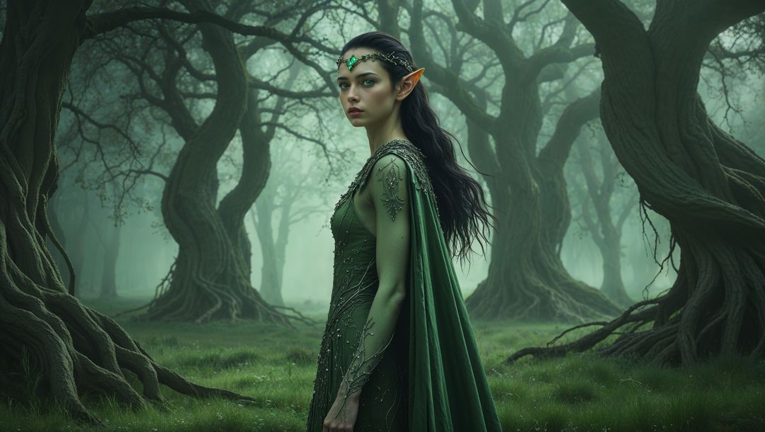 Elf in Mystical Forest Glade with Elegant Gown and Emerald Adornments