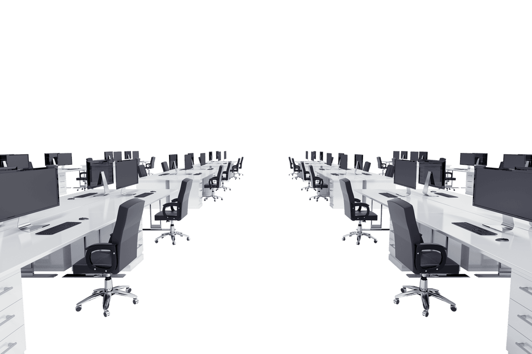 Transparent Empty Office Interior with Desks and Computers