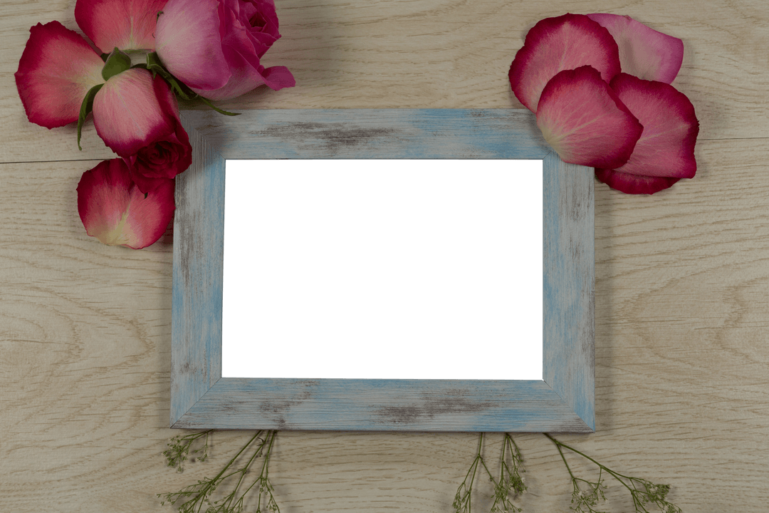Empty Wooden Frame Surrounded by Fresh Rose Petals