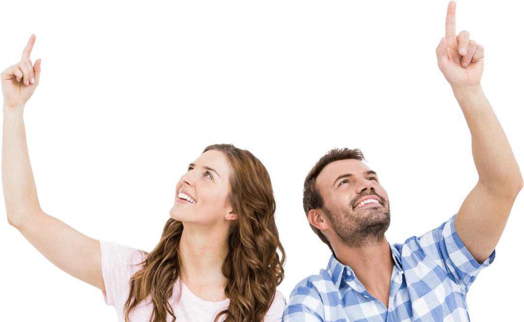 Smiling Young Couple Pointing Up Transparent Background