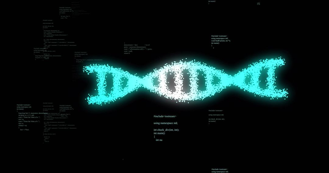 Glowing DNA Strand Over Digital Data