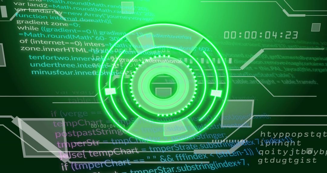 Futuristic Green HUD Interface with Digital Code Overlay