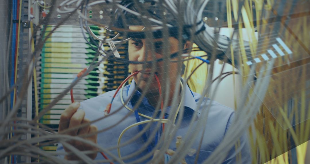 Engineer Analyzing Wiring in Modern Server Room