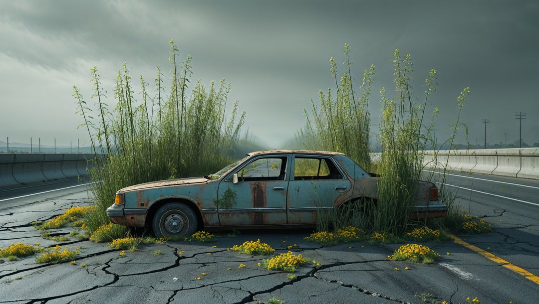 Abandoned rusted vehicle reclaimed by nature on cracked highway after the apocalypse