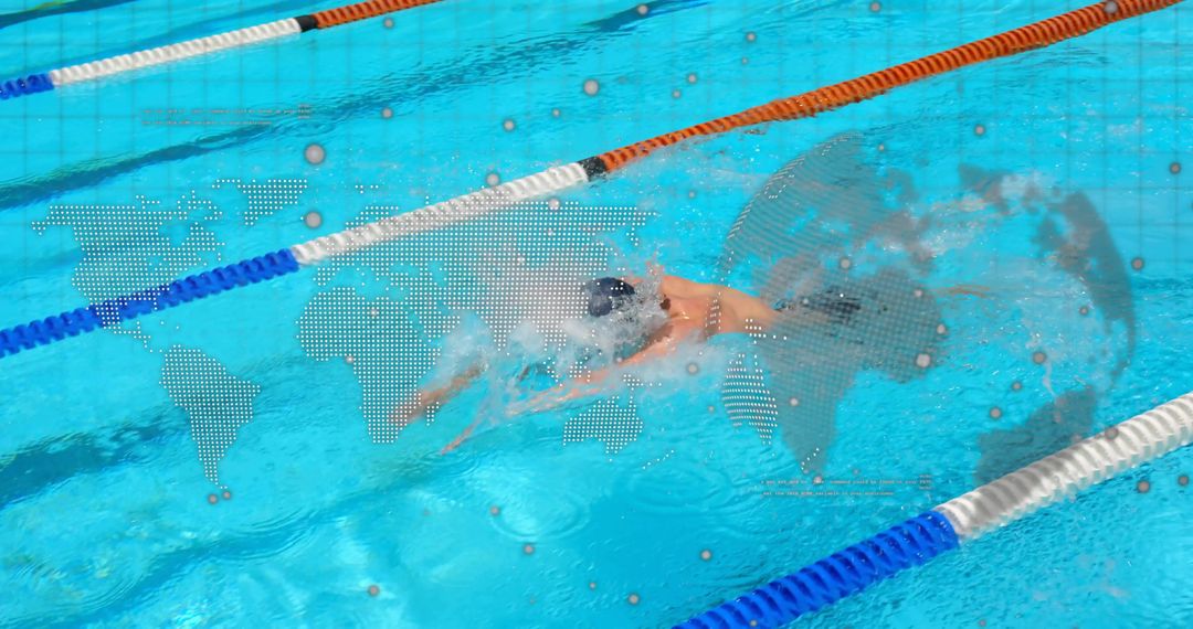 Competitive Swimmer Powering Through Lane Splashes with Digital World Map Overlay