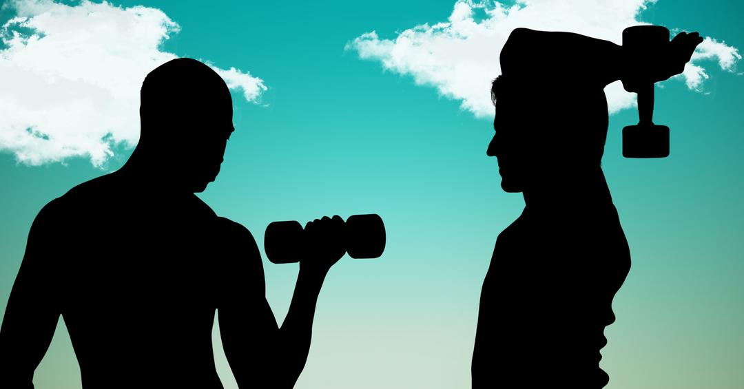 Silhouette of men holding dumbbells against sky background - Free Images, Stock Photos and Pictures on Pikwizard.com