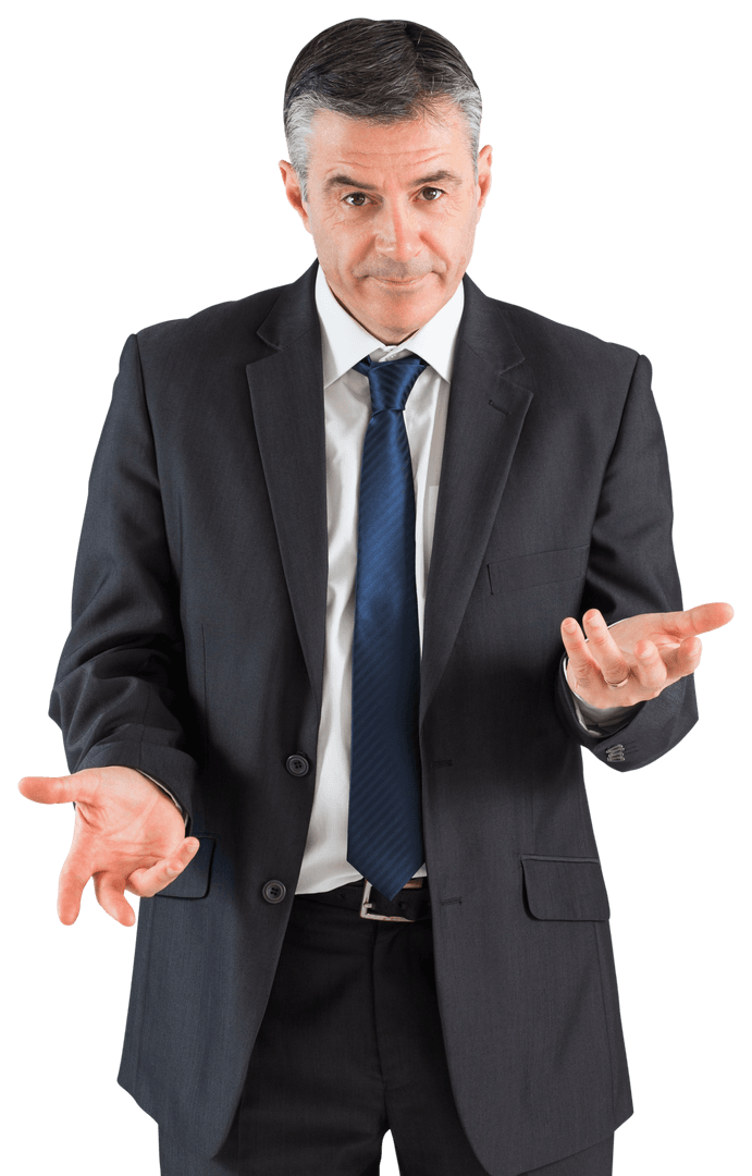 Transparent Businessman Holding Out Hands in Inquiry Gesture