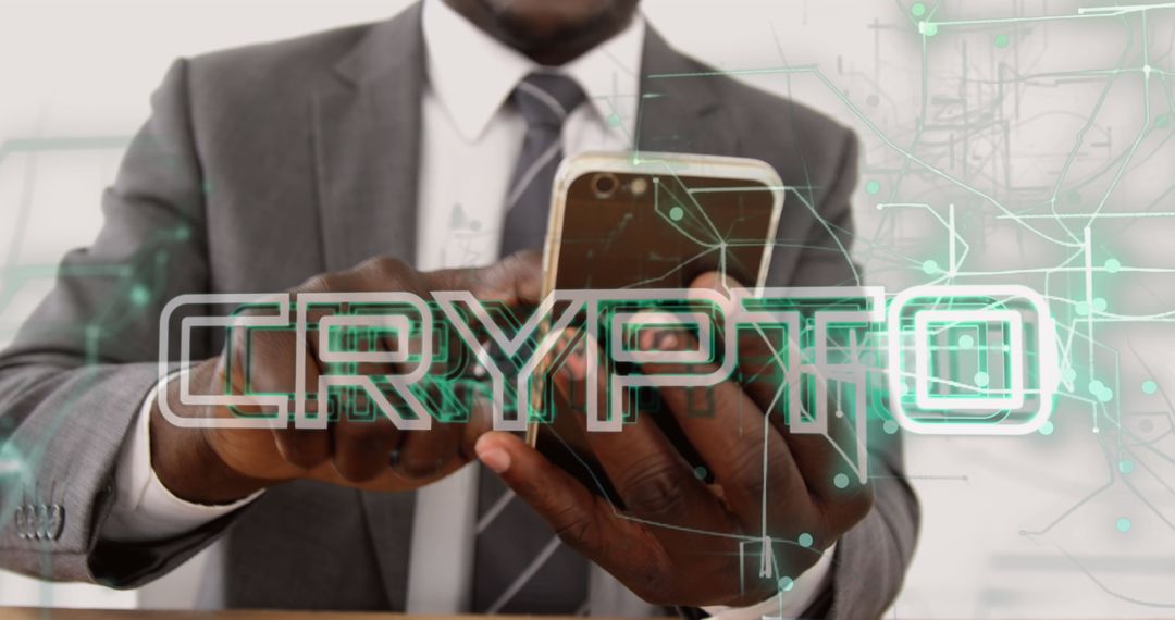 Businessman Using Smartphone with Crypto Technology Overlay