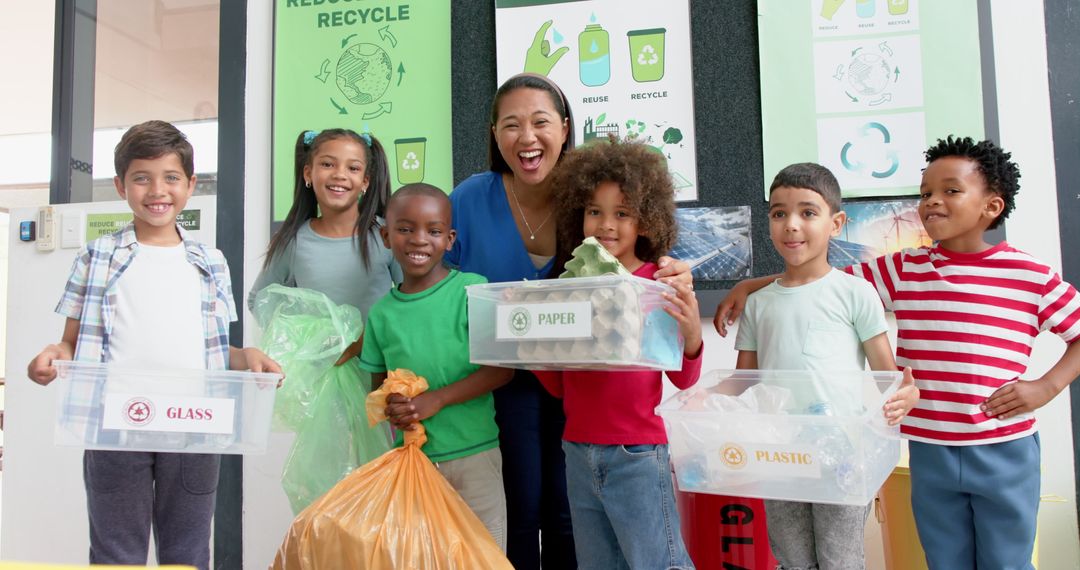 Teacher and Children Practicing Recycling at School