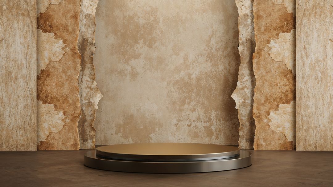 Minimalist Metallic Platform Against Aged Plaster Wall in Modern Setting