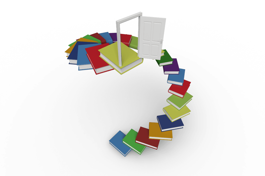 Transparent Books Forming Question Mark with White Door