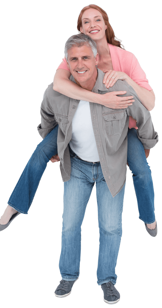 Joyful Transparent Couple Piggyback Posing