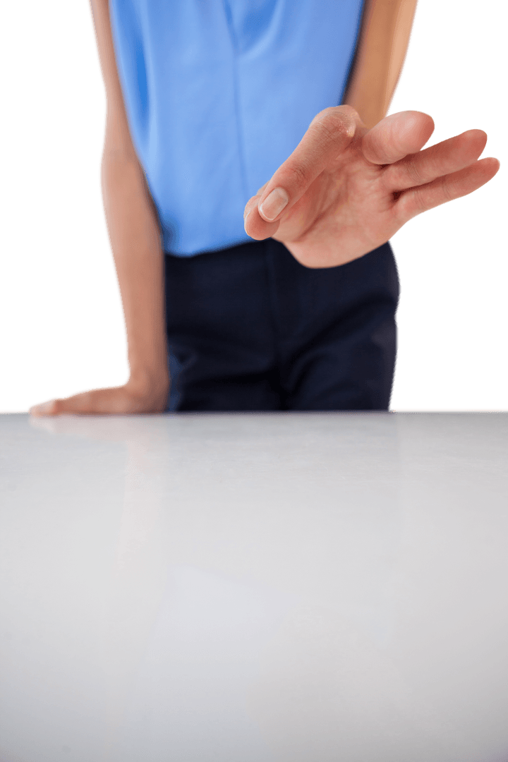 Businesswoman Gesturing by Transparent Table Engaging Pose